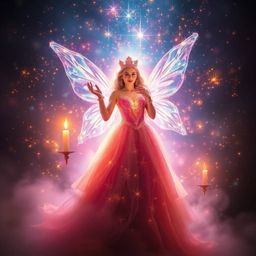 A radiant fairy godmother materializes in a dazzling swirl of electric-vivid sparkles and flickering candlelight, enveloped i