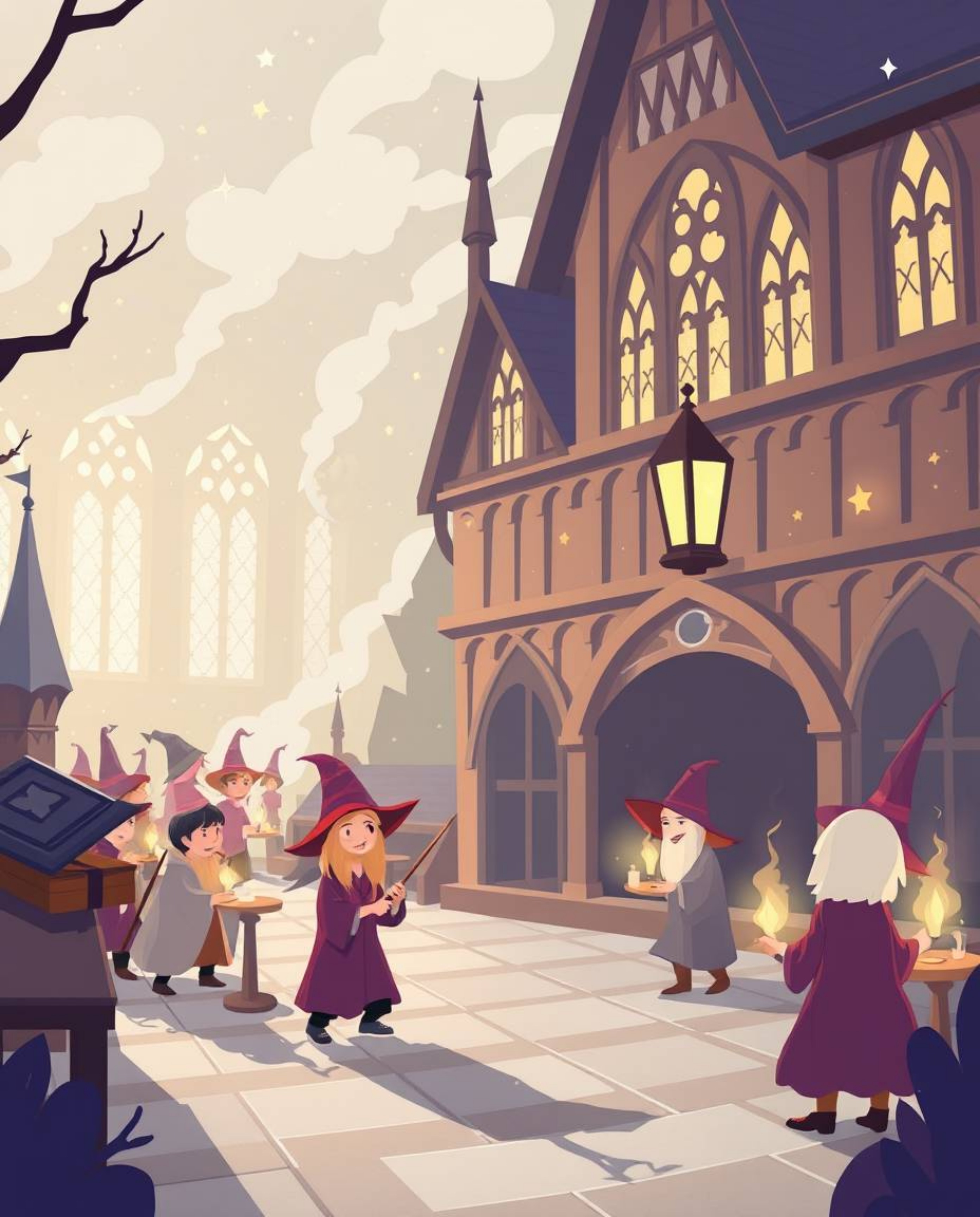 A captivating flat design illustration showcases a magical school brimming with young wizards.  The image evokes an ethereal 