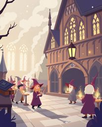 A captivating flat design illustration showcases a magical school brimming with young wizards. The image evokes an ethereal