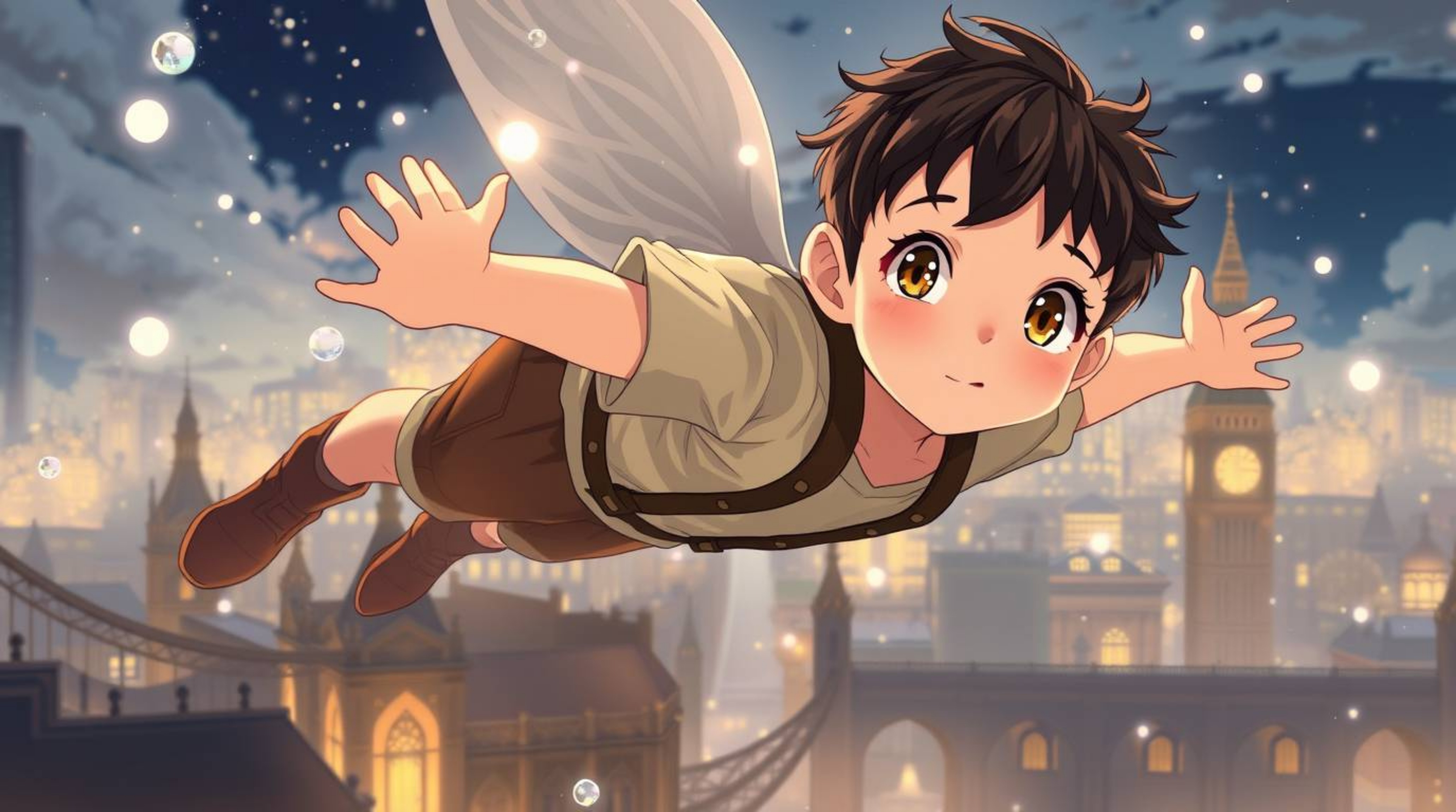 An isekai anime-style illustration depicts an adorable young boy with light skin and charming features soaring above London, 