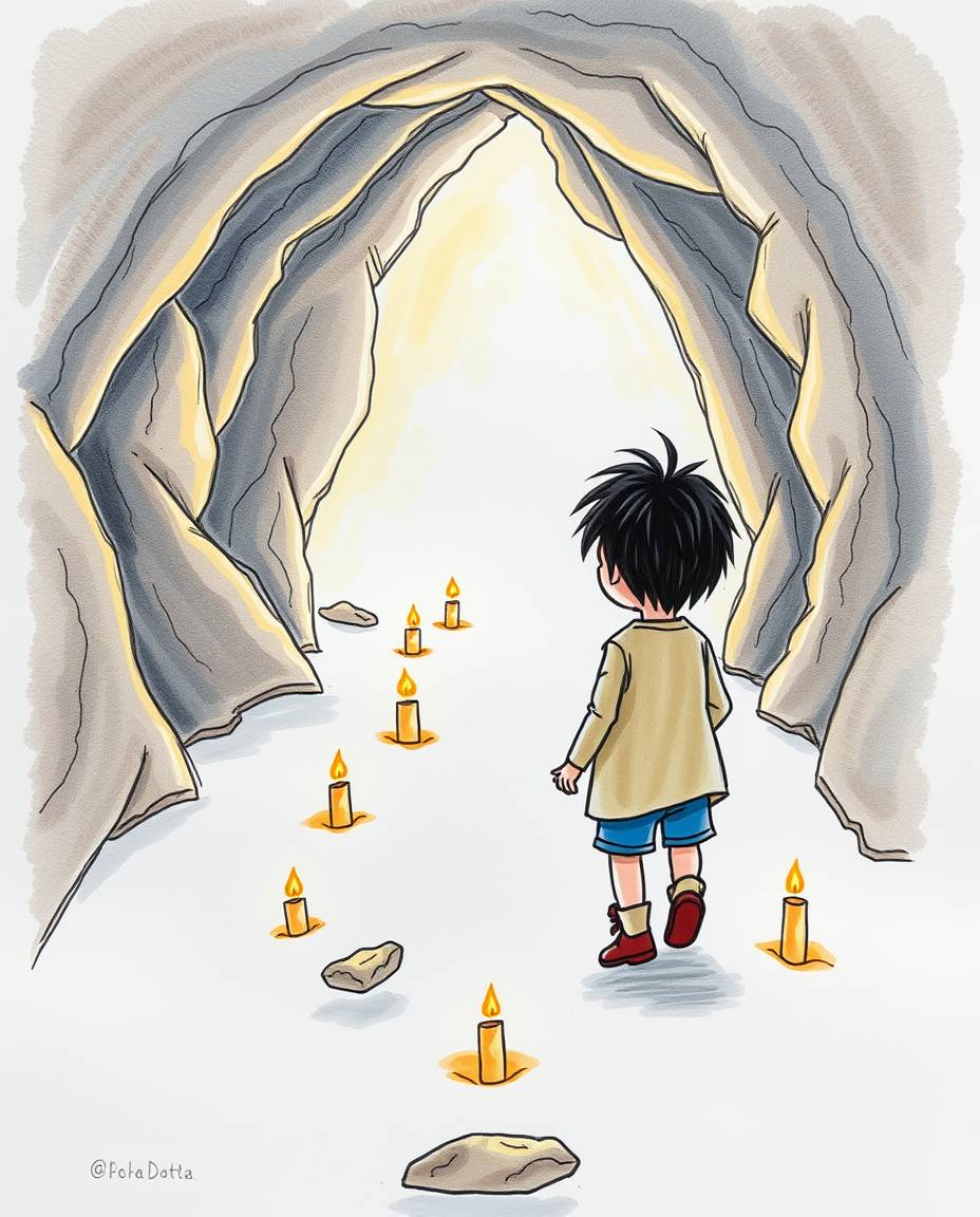 A charming hand-drawn color sketchnote depicts a young child with short black hair embarking on a magical adventure. The chil