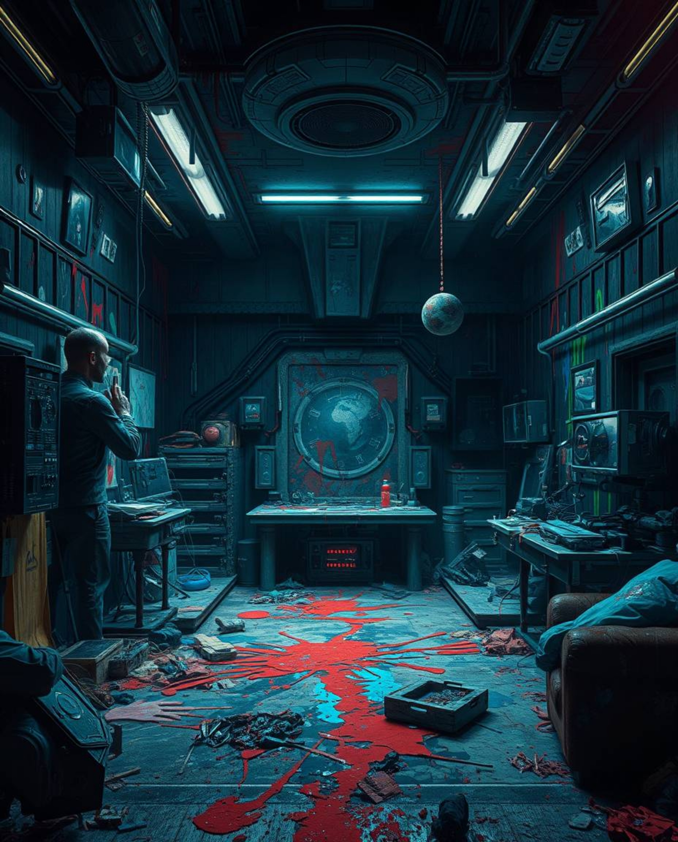Experience a futuristic sci-fi scene where a room explodes with vibrant paint amidst dark tones and unsettling details. Advan