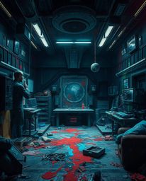 Experience a futuristic sci-fi scene where a room explodes with vibrant paint amidst dark tones and unsettling details. Advan