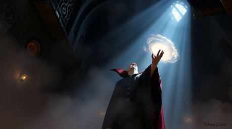 A captivating digital painting depicts a classic Disney villain casting a spell within the aged walls of an old castle.  Dram