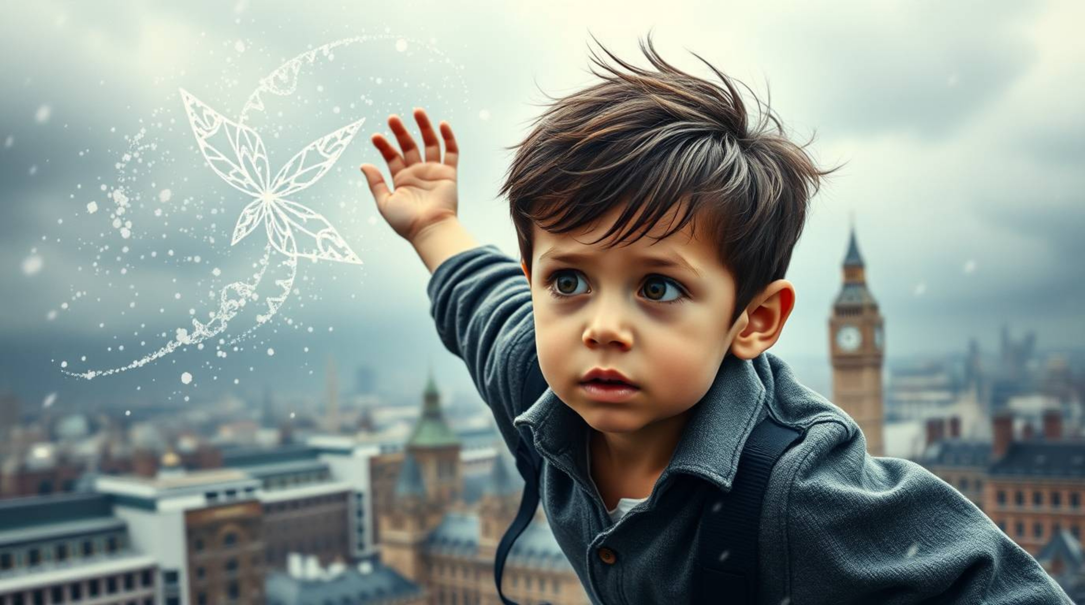 A captivating image of a young boy, intensely focused, soaring above a stormy London cityscape with shimmering pixie dust.  R