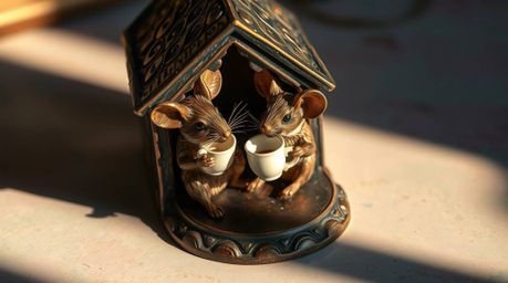 Experience a charming scene of anthropomorphic mice with refined features, delicately sipping tea within the comforting ambia