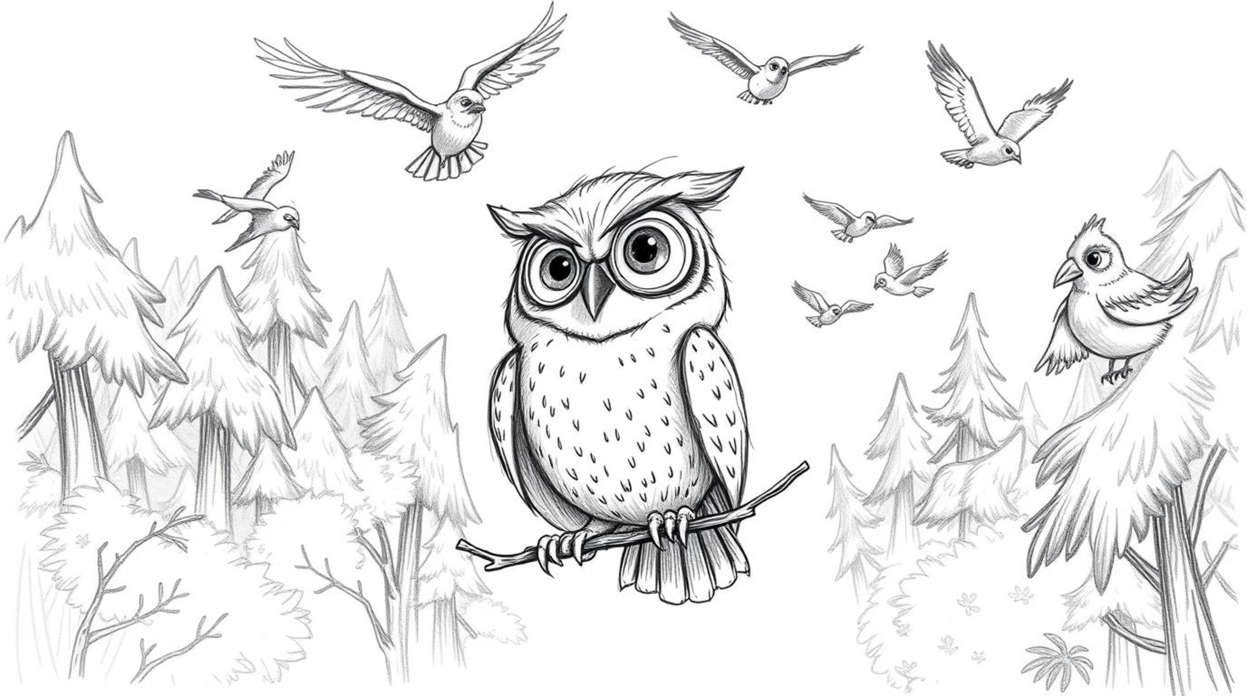 A charming hand-drawn sketch in the style of Pixar, depicting a blind owl with soft, feathery textures and expressive eyes.  