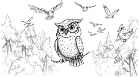A charming hand-drawn sketch in the style of Pixar, depicting a blind owl with soft, feathery textures and expressive eyes.  