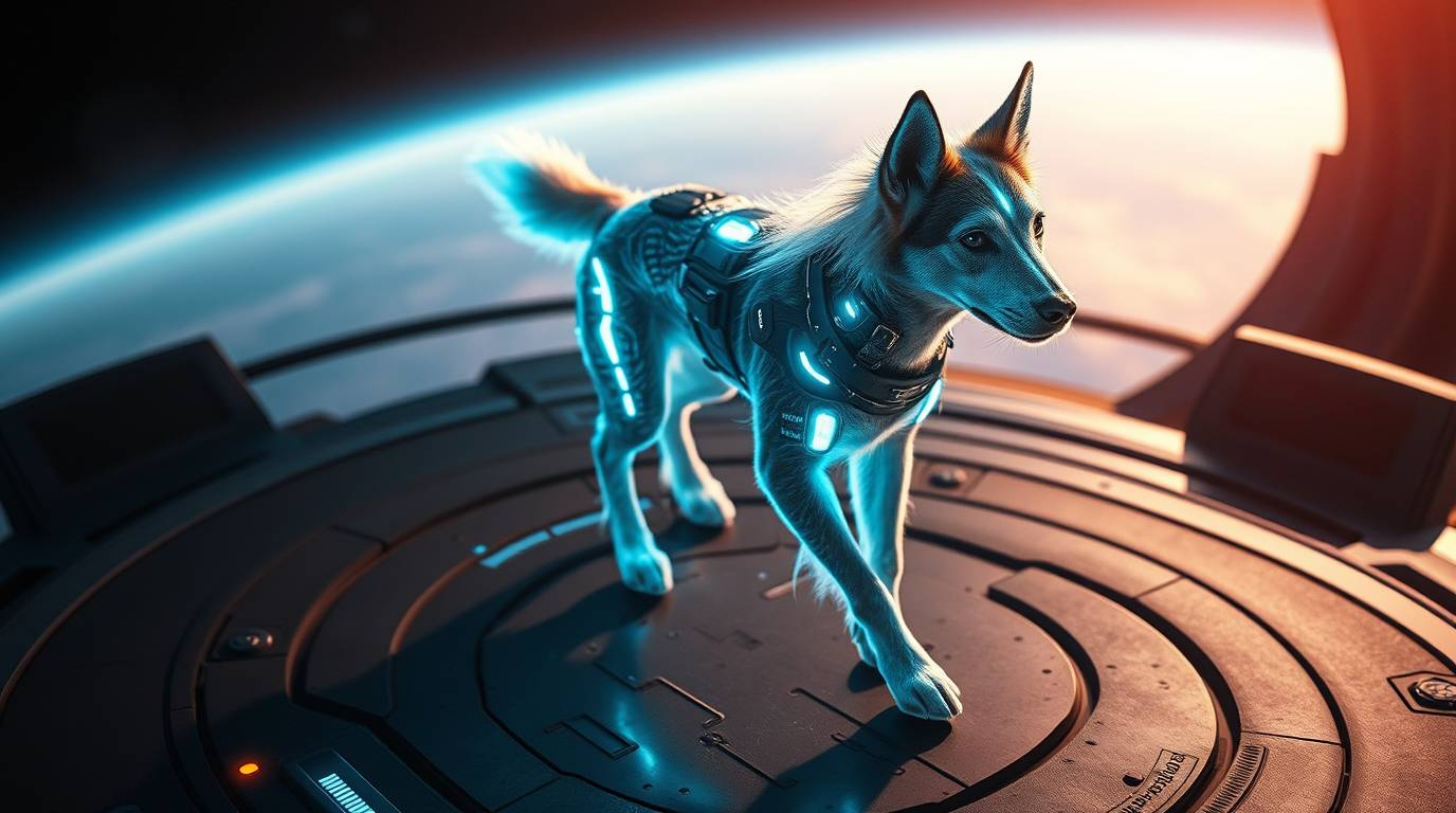 Imagine a futuristic dog, its fur glowing with bioluminescent light, confidently striding across a sleek space platform. Capt