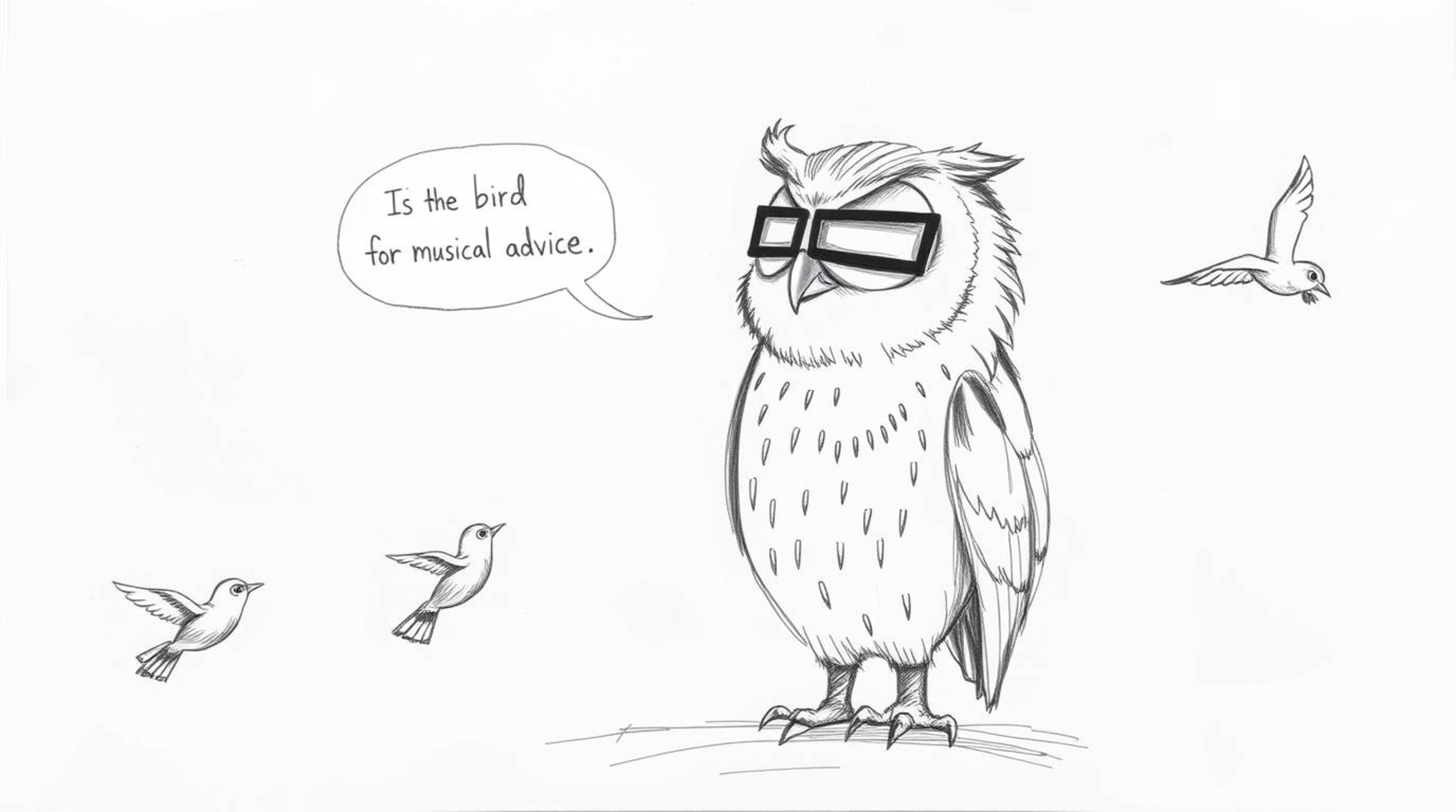 A charming hand-drawn sketch in the style of Pixar showcases a blind owl, rendered with textured pencil strokes and rough lin