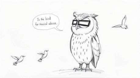 A charming hand-drawn sketch in the style of Pixar showcases a blind owl, rendered with textured pencil strokes and rough lin