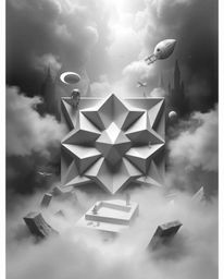 Explore a dreamlike world of surreal imagery, where thick fog obscures a monochrome landscape of 3D geometric patterns resemb