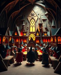 Explore a magical school brimming with young wizards, rendered in an intricate origami style. The scene is illuminated by int