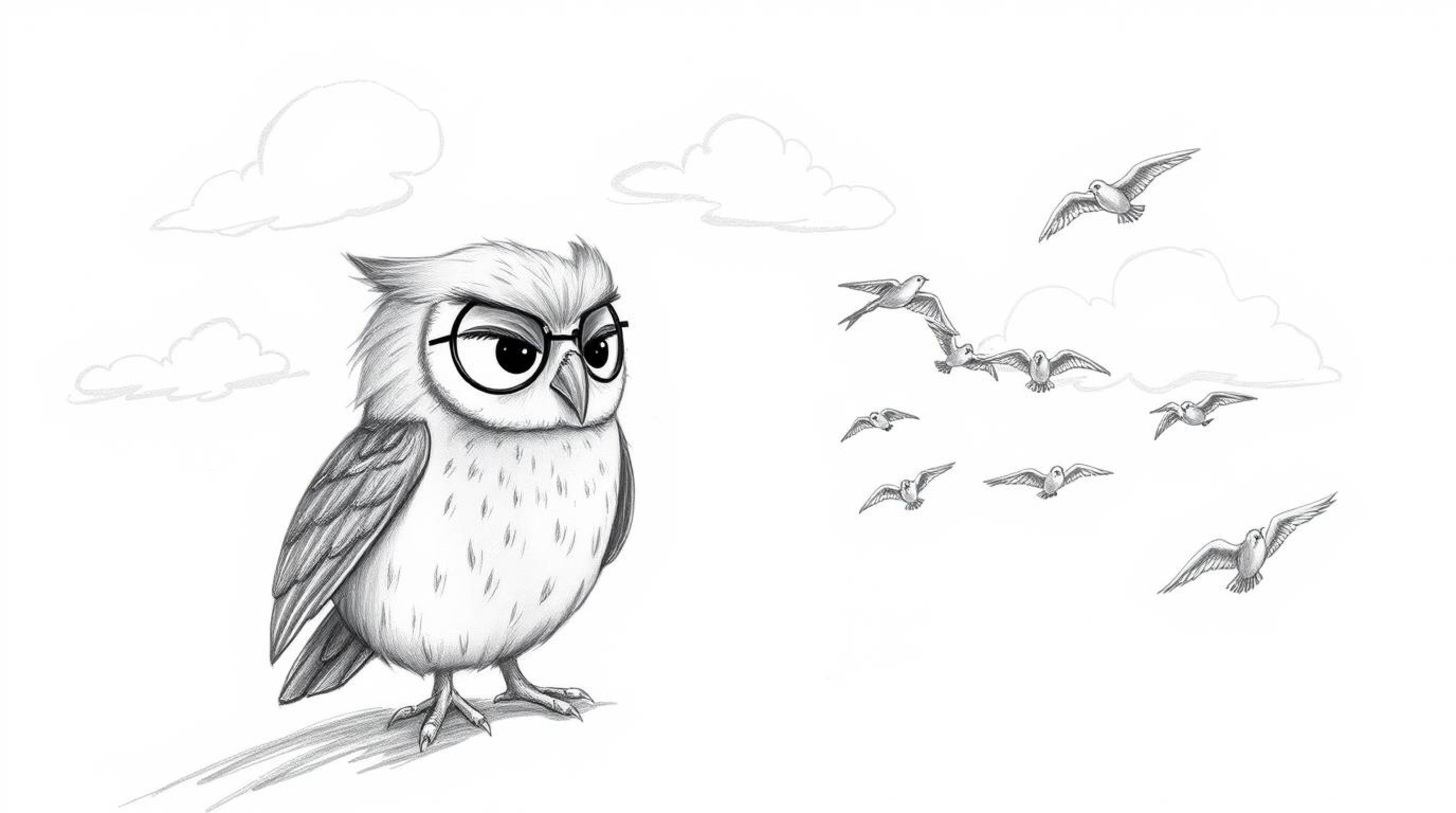 A charming hand-drawn sketch reminiscent of Pixar's style portrays a heartwarming scene: a blind owl, rendered with soft, fea