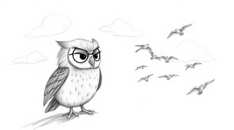 A charming hand-drawn sketch reminiscent of Pixar's style portrays a heartwarming scene: a blind owl, rendered with soft, fea