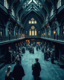 A captivating architectural photograph showcasing a magical school teeming with young wizards. The image features precise lin