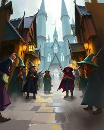 Explore a stunning low-angle digital sketch of a magical school teeming with young wizards. This artwork employs loose painte