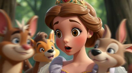 A captivating scene unfolds, featuring a princess with expressive eyes serenading a group of lively woodland creatures in a c