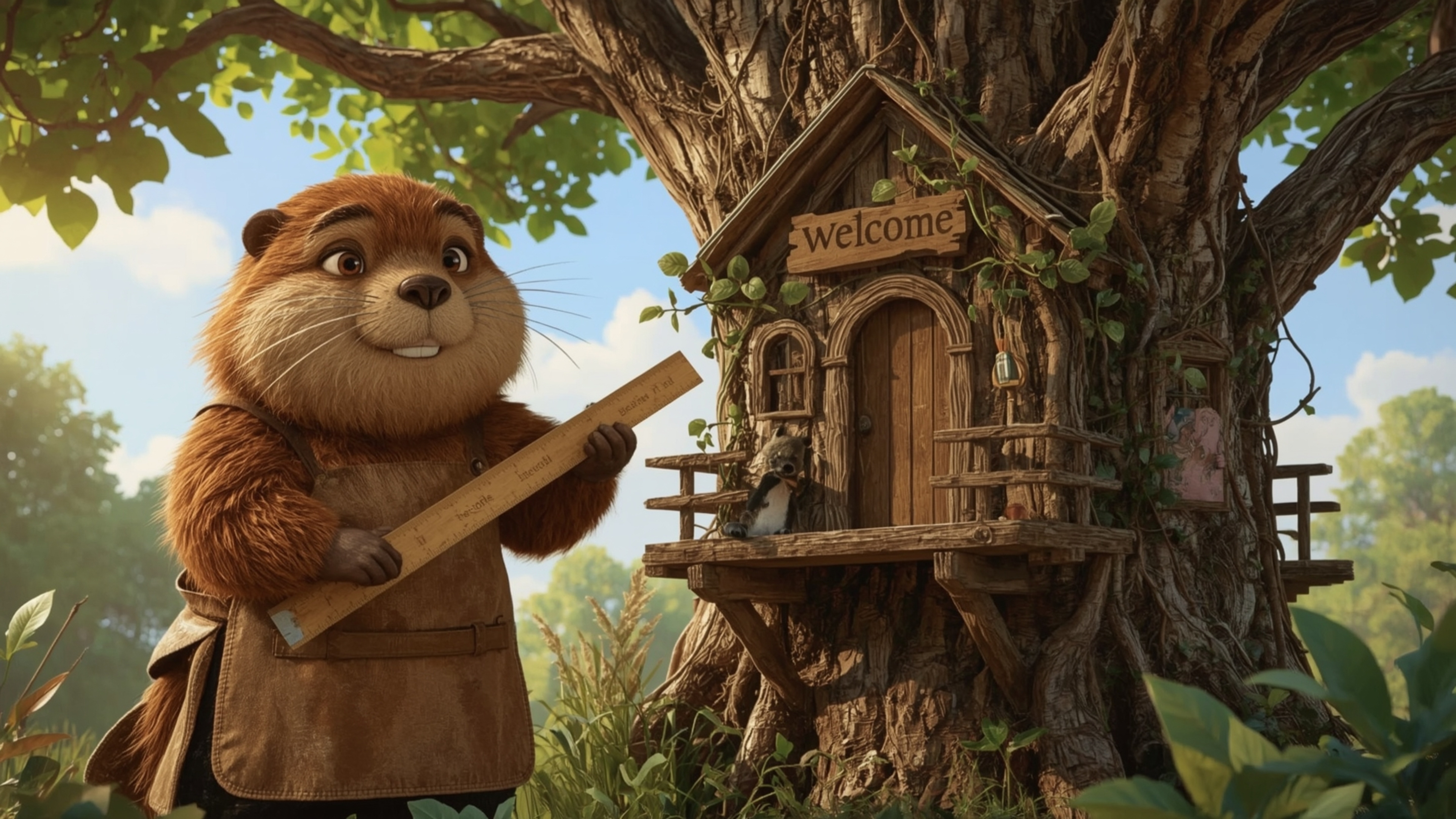 A high-resolution, commercially viable, professional quality image of a beaver, reminiscent of Pixar's whimsical style, metic