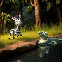 A cute 3D cartoon zebra with expressive eyes and a friendly smile jumps from a grassy jungle clearing towards a riverbank.  T