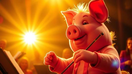 Experience the whimsical artistry of a radiant and luxurious pig character masterfully conducting an orchestra, bathed in the