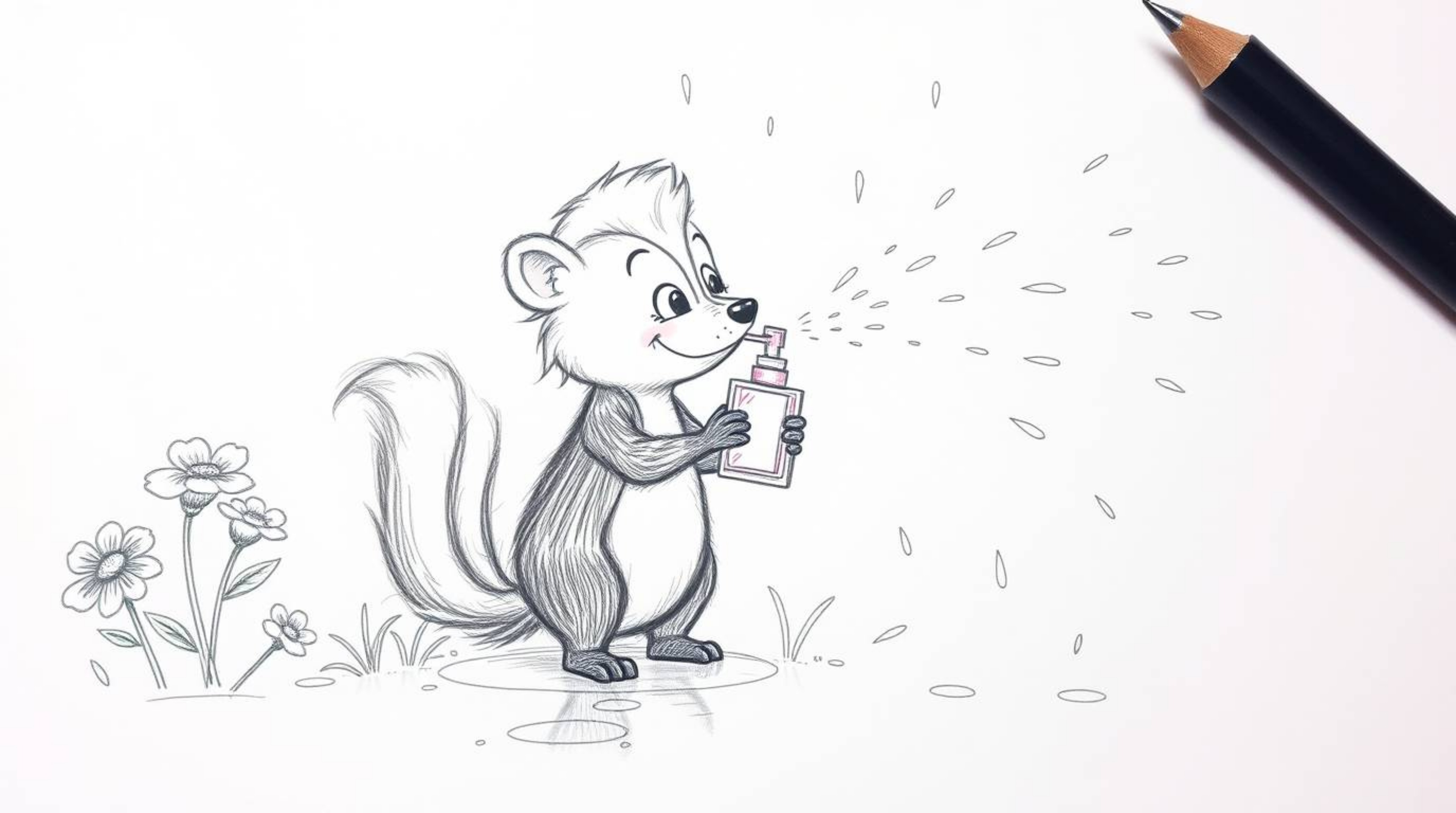 This image depicts a hand-drawn sketch of a cartoon skunk playfully spraying perfume onto flowers amidst a wet, rainy scene. 