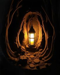 Discover stunning sculptural clay artwork depicting a glowing lantern in a dark forest.  The piece features intricately model