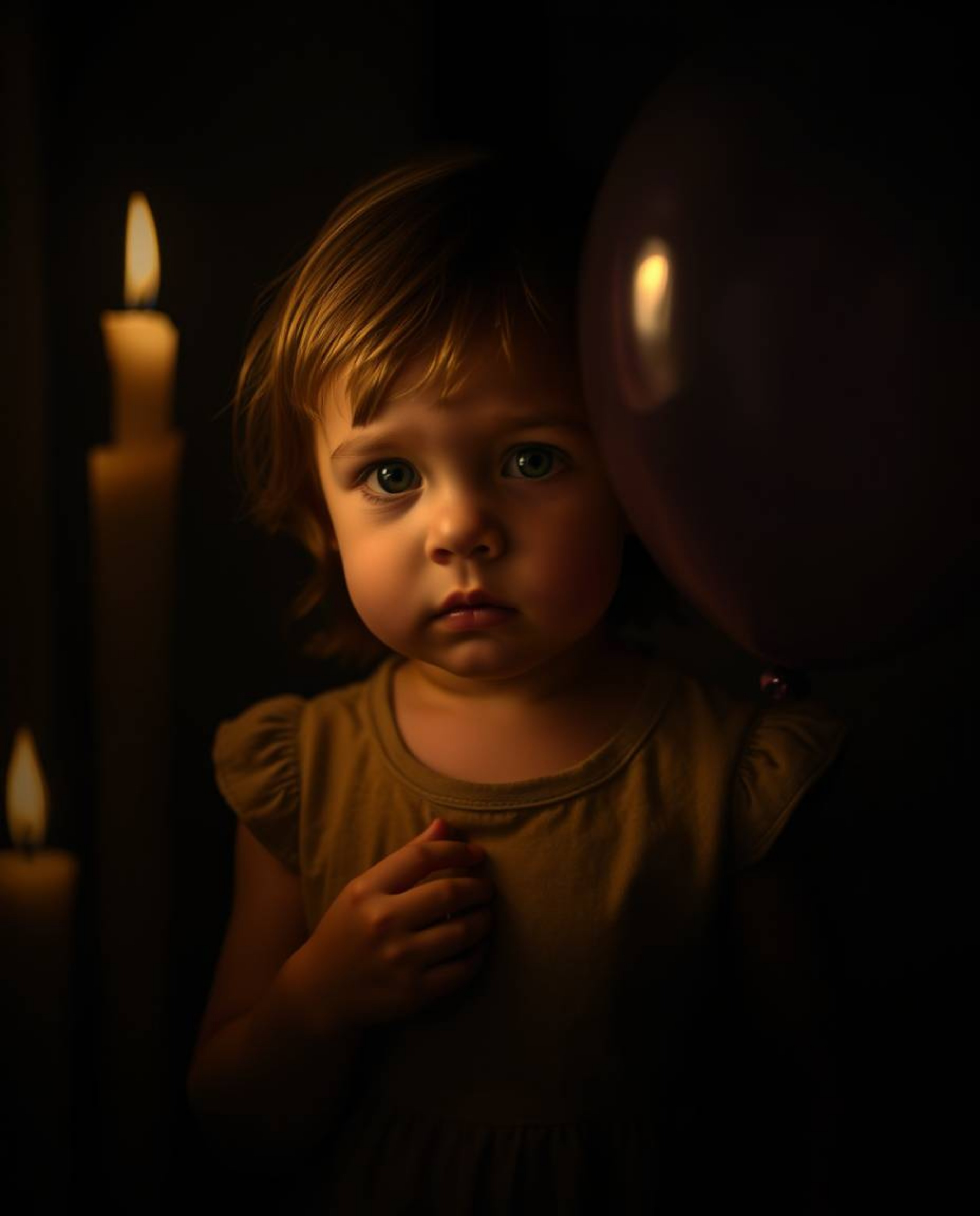 A captivating moody portrait of a child with soft features and pale skin holding a balloon.  Warm candlelight casts flickerin