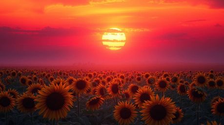 Experience the ethereal beauty of a sunflower field bathed in the warm hues of an autumn sunset.  A deep red and purple sky c