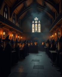 A professional, fine art photograph capturing a magical school teeming with young wizards, the image evokes an eerie and slig