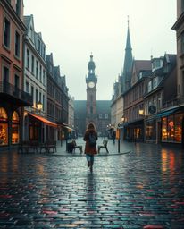 Immerse yourself in a dreamlike atmosphere with an empty town square bathed in soft light. Iridescent colors reflect on cobbl