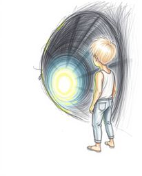A captivating hand-drawn sketch depicts a person gazing at a radiant light source emanating from within a tunnel.  The artwor