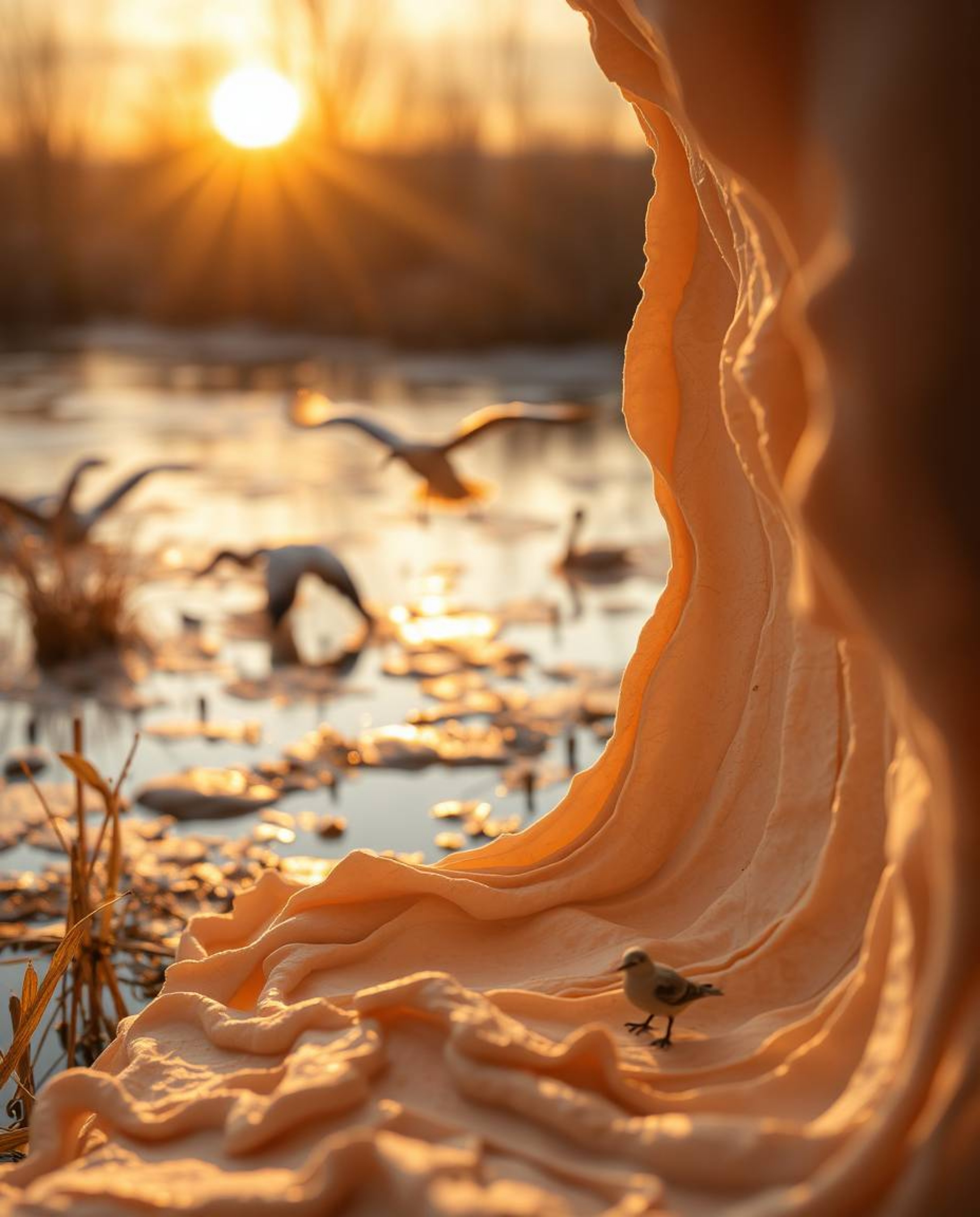 An extreme macro close-up of a layered papier-mâché artwork with a sculpted texture. The piece depicts herons flying in a sce