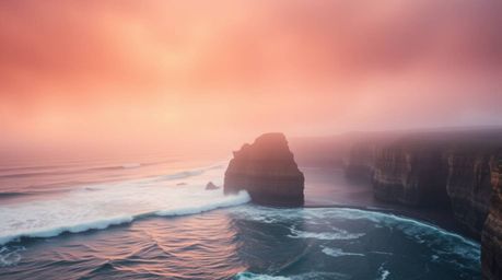 Capture the ethereal spiritual vibe of waves crashing on cliffs beneath a blazing sunset sky. This series explores a strong, 
