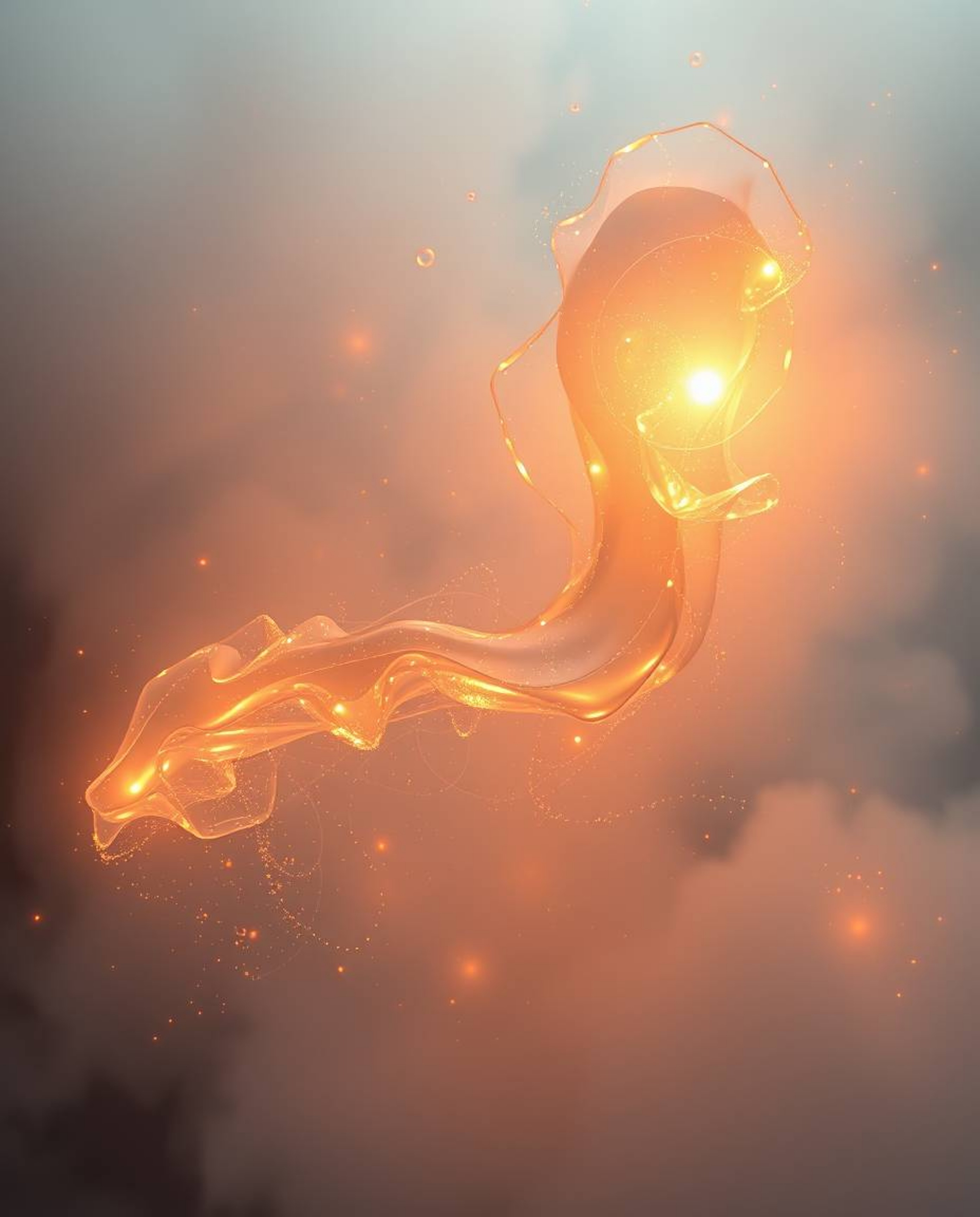 Immerse yourself in an ethereal and spiritual vibe featuring thick fog, a warm golden glow, and glassy fluid 3D shapes in mot