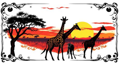 This stunning art print features a symbolic traditional tattoo design depicting a vibrant sunset over the African savanna wit