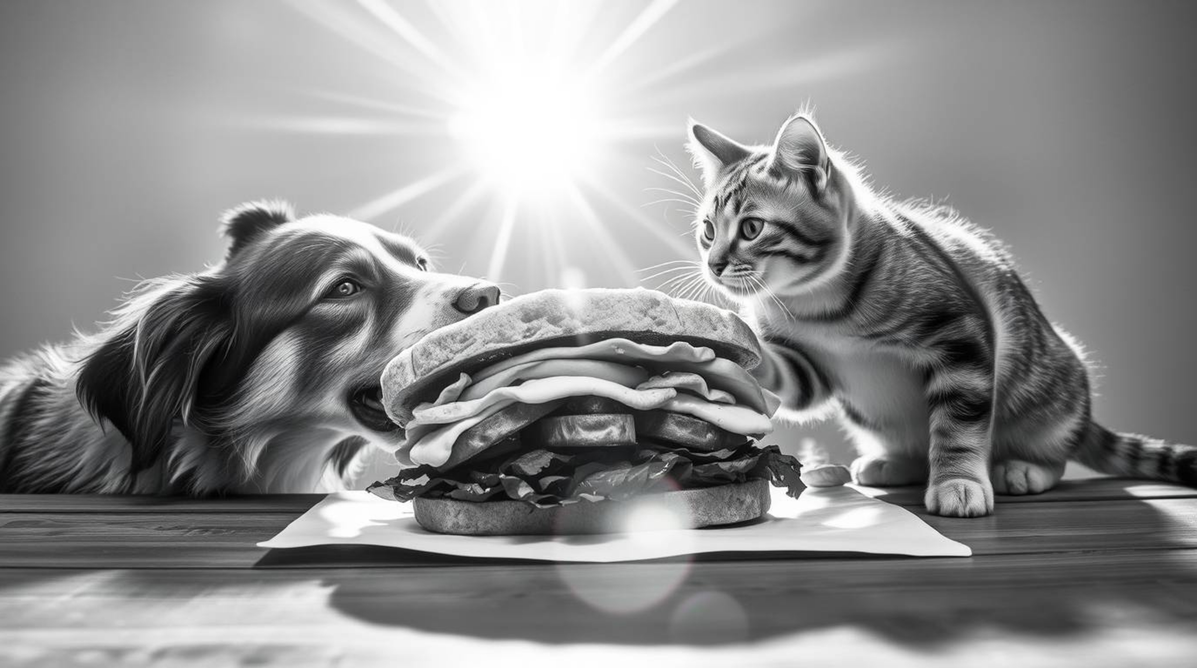 A timeless and elegant black and white photograph captures a hilarious scene: a dog and a cat engaged in a fierce battle over