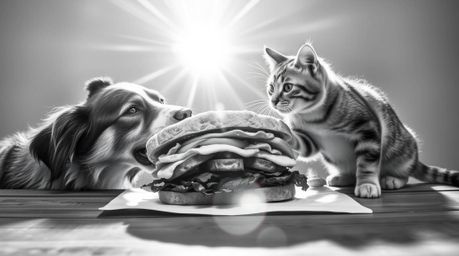 A timeless and elegant black and white photograph captures a hilarious scene: a dog and a cat engaged in a fierce battle over