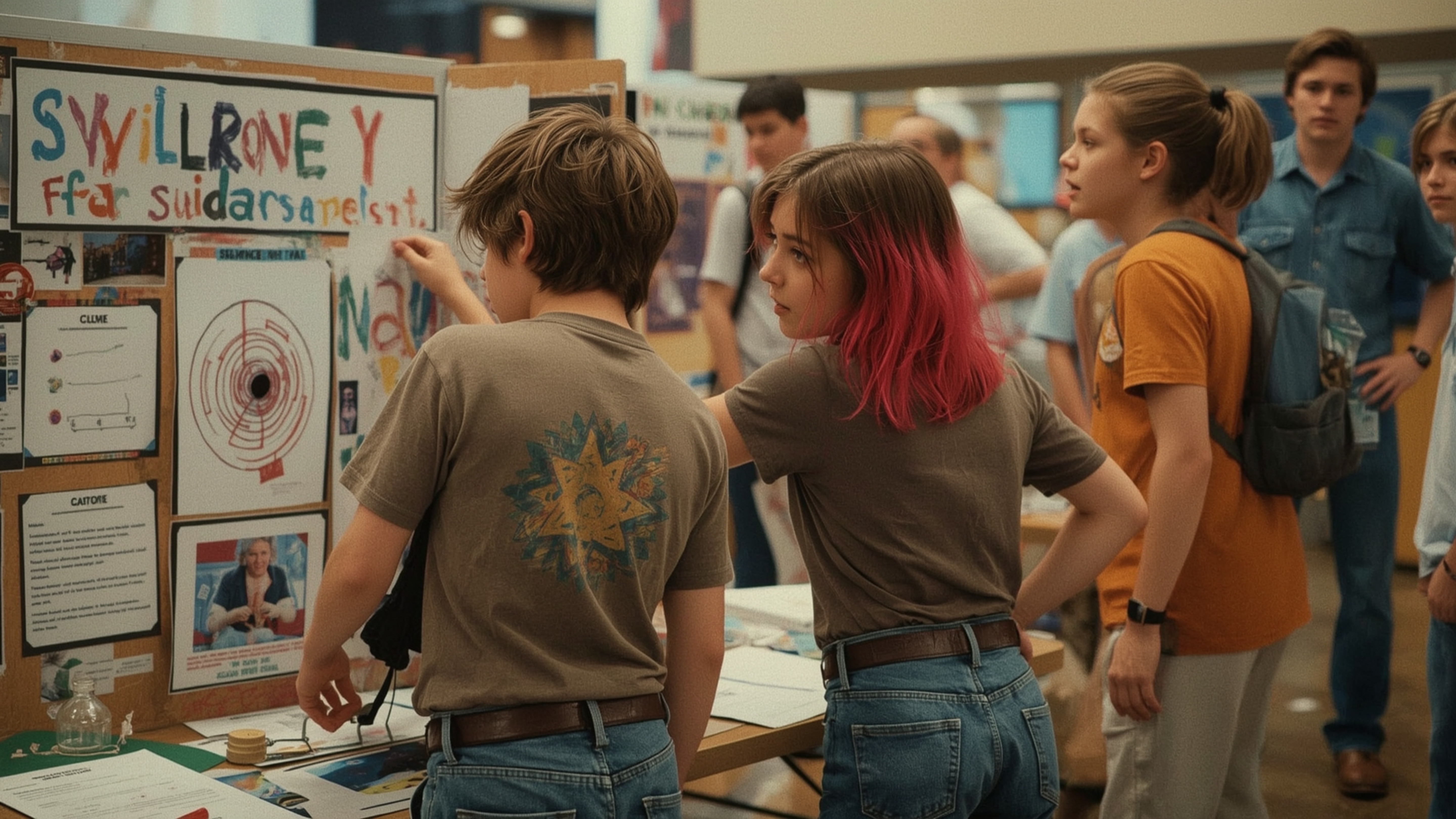 In a vibrant, cinematic photograph with a warm, Pixar-inspired style, two teenage science fair participants desperately try t