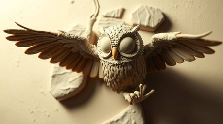 Experience the captivating world of a blind owl, rendered in sculptural clay art with high-contrast low-key lighting reminisc
