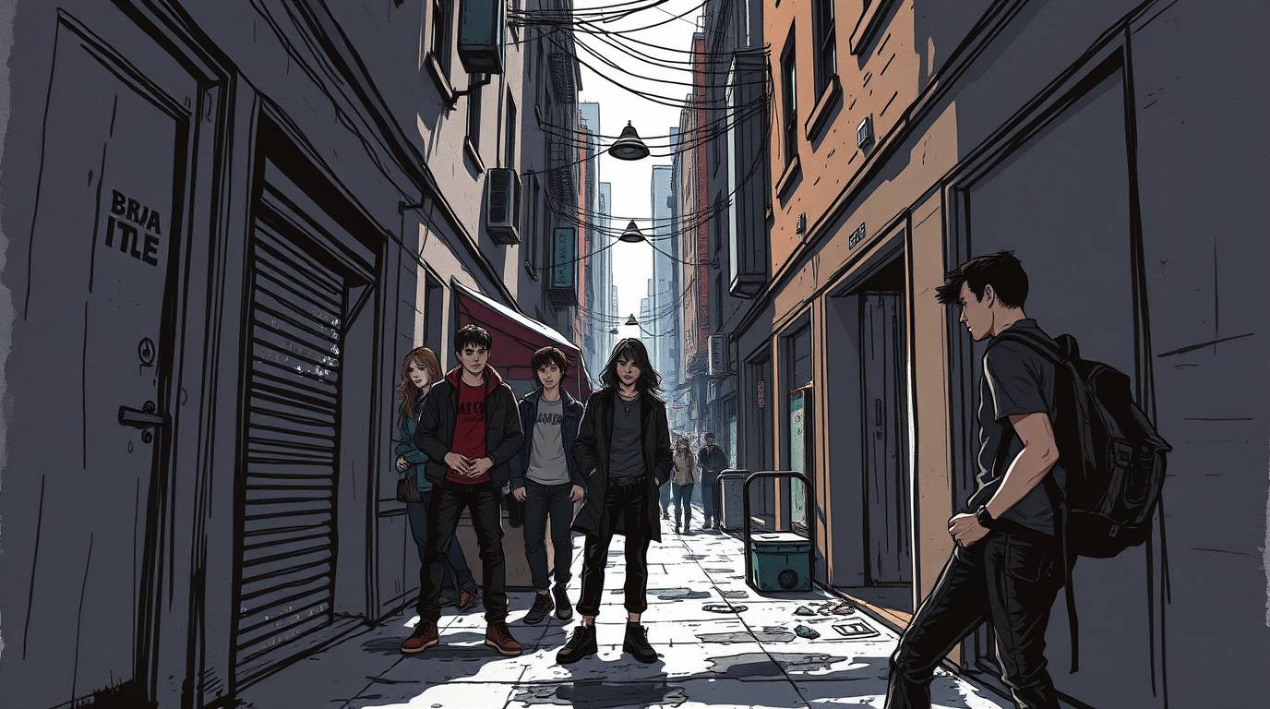 A captivating hand-drawn sketchnote depicts a grungy city alleyway, shrouded in deep shadows and high-contrast low-key lighti