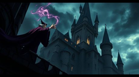 Experience a high-angle perspective of a classic Disney villain casting a powerful spell within the confines of an ancient ca
