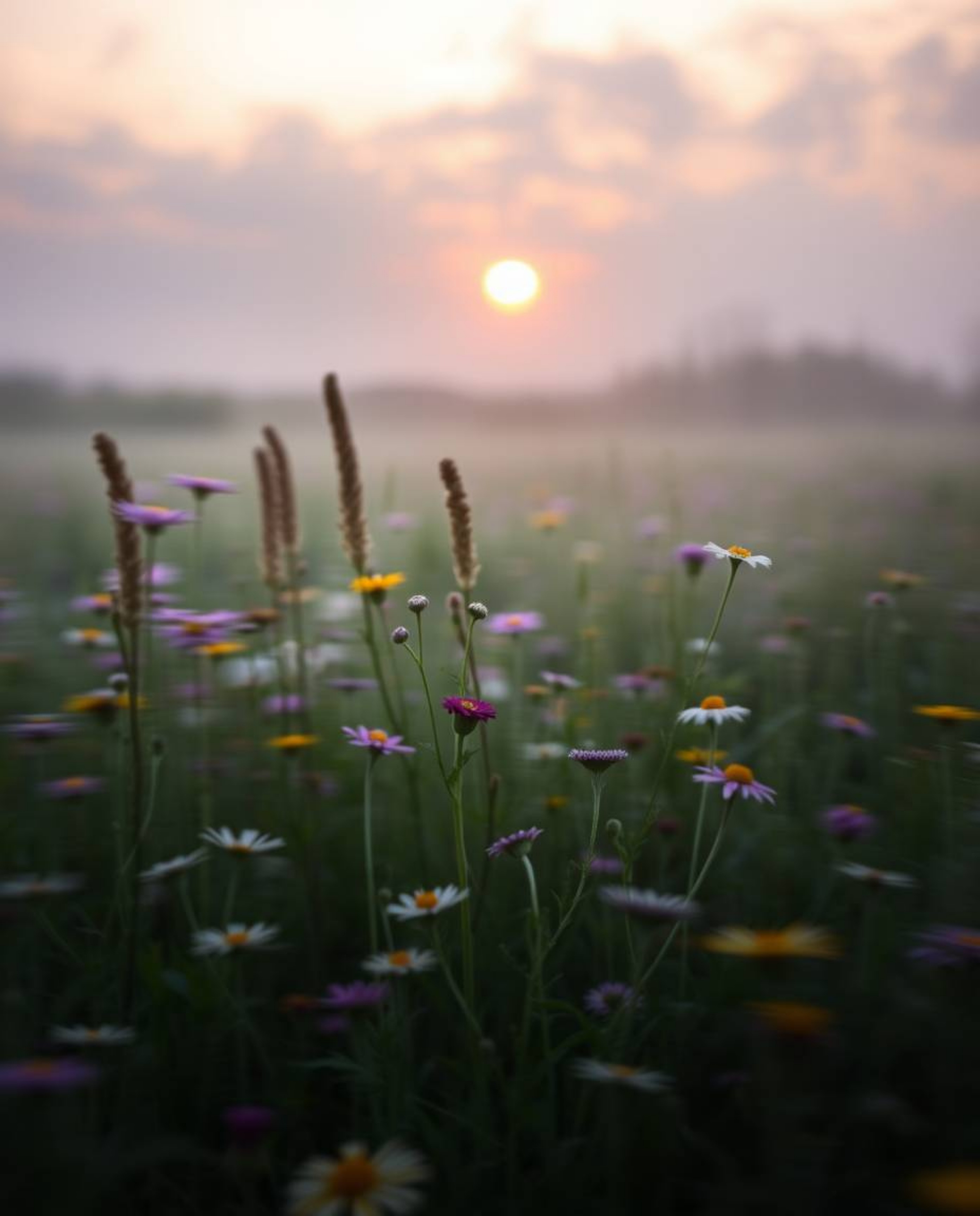 A soft and dreamy long exposure photograph of a spring wildflower meadow at sunset. This image creates a mystic and enchantin