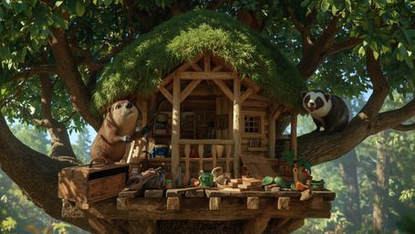 A highly detailed, high-resolution stock photo depicts a diligent beaver, with a worn wooden toolbox, building an intricate, 