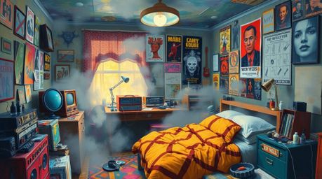A captivating artwork depicting a messy bedroom scene rendered in bold acrylics.  Weird gadgets and posters litter the space,