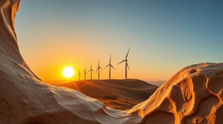 This high-angle perspective sculptural clay art piece depicts a mesmerizing sunset behind a row of wind turbines perched atop
