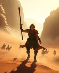 Explore a vibrant desert adventure with a brave hero, rendered in a classic Disney style. This artwork features a soft, dream