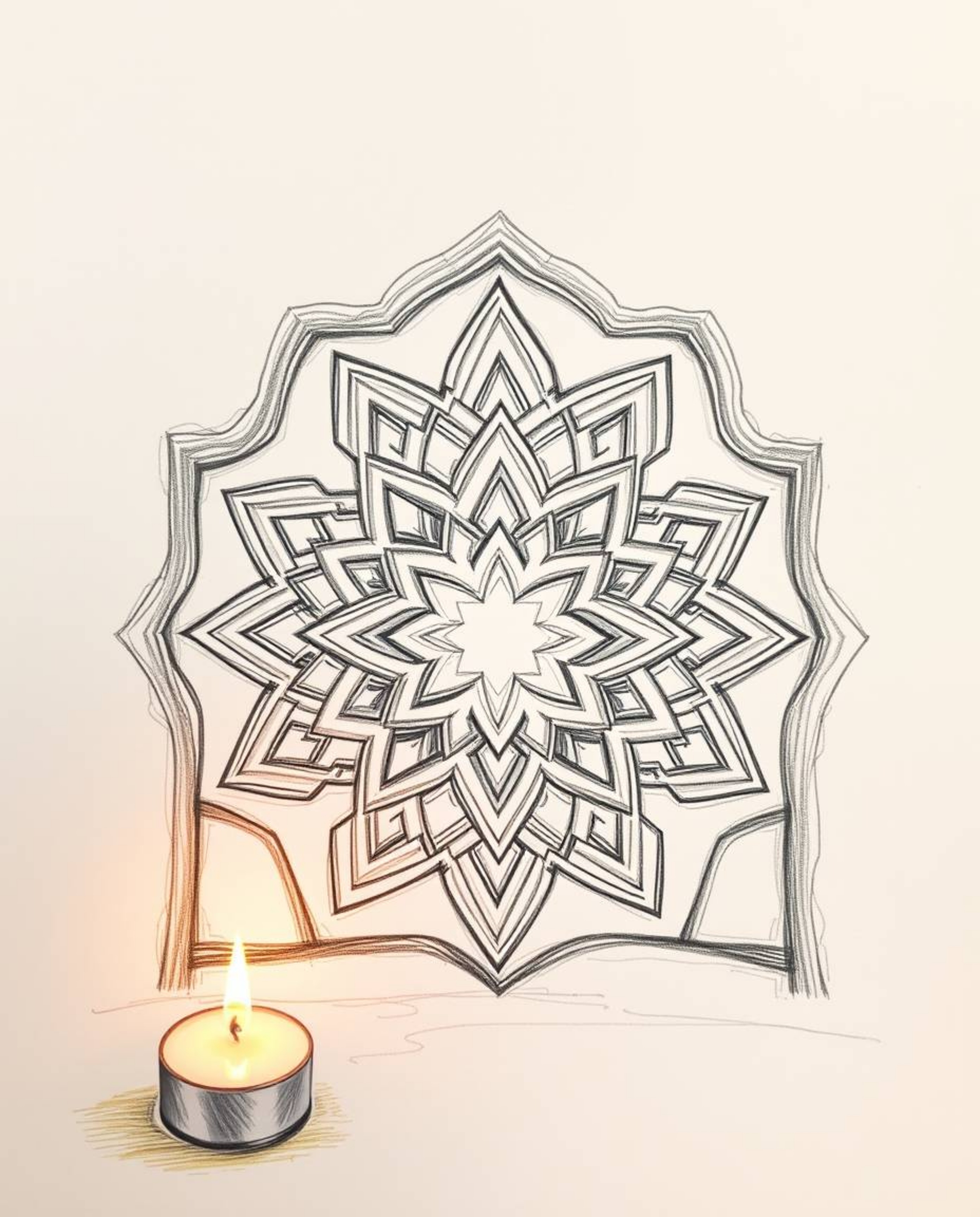 A captivating hand-drawn sketch illuminated by warm candlelight showcases intricate Islamic geometric patterns meticulously c