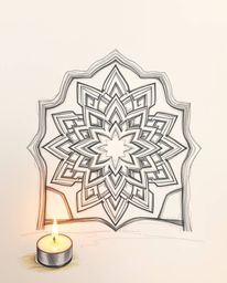 A captivating hand-drawn sketch illuminated by warm candlelight showcases intricate Islamic geometric patterns meticulously c