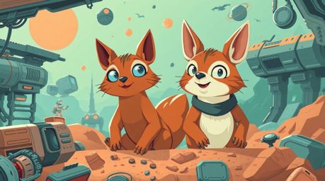 A captivating futuristic sci-fi illustration showcases two mischievous talking animals amidst advanced technology and space e